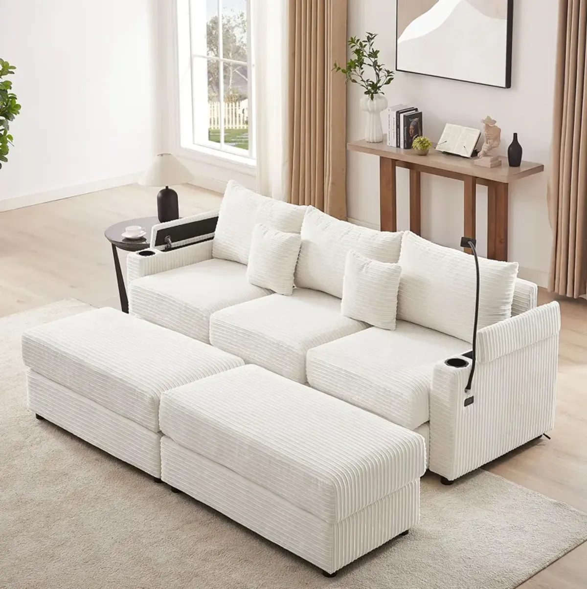 Modern Style Loveseat Sofa Sectional Sofa Couch With Storage Space, A Movable Ottoman, Two USB Ports, Two Cup Holders, A Phone Holder For Living Room