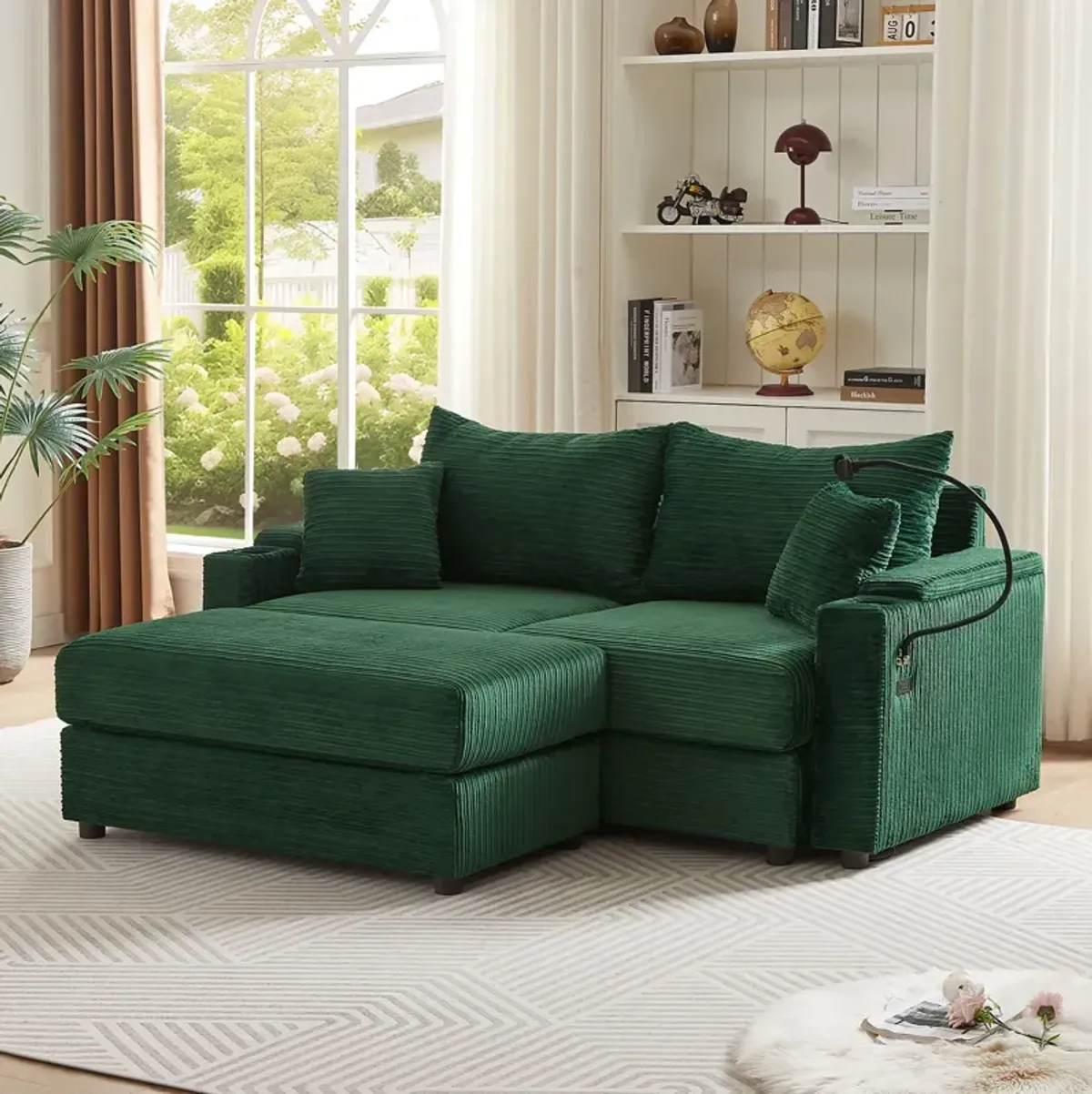 Modern Style Loveseat Sofa Sectional Sofa Couch With Storage Space, A Movable Ottoman, Two USB Ports, Two Cup Holders, A Phone Holder For Living Room