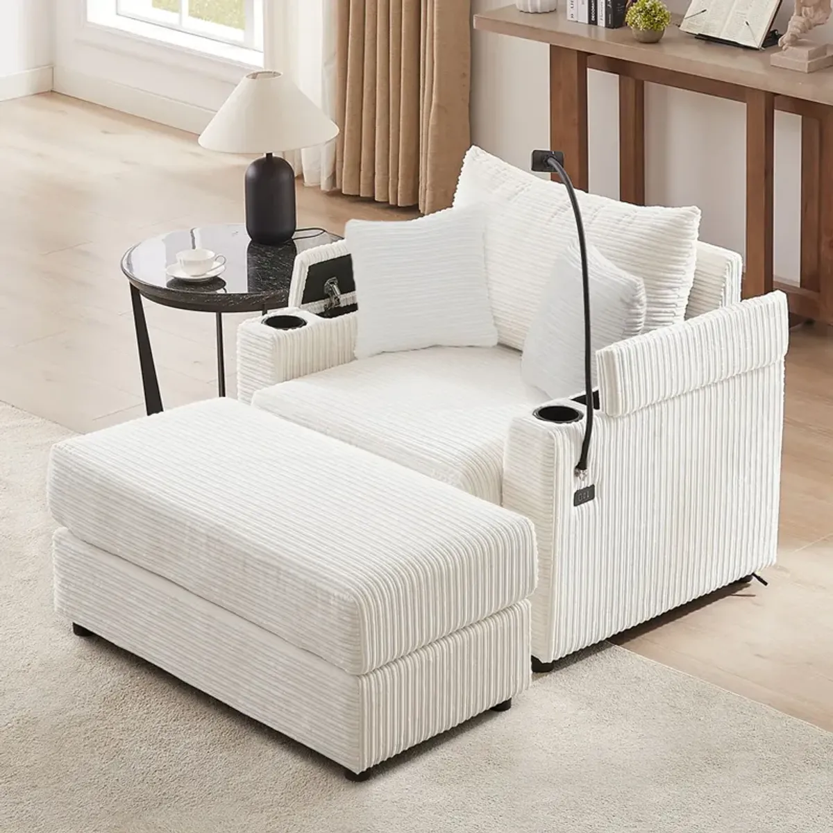 Modern Style Loveseat Sofa Sectional Sofa Couch With Storage Space, A Movable Ottoman, Two USB Ports, Two Cup Holders, A Phone Holder For Living Room