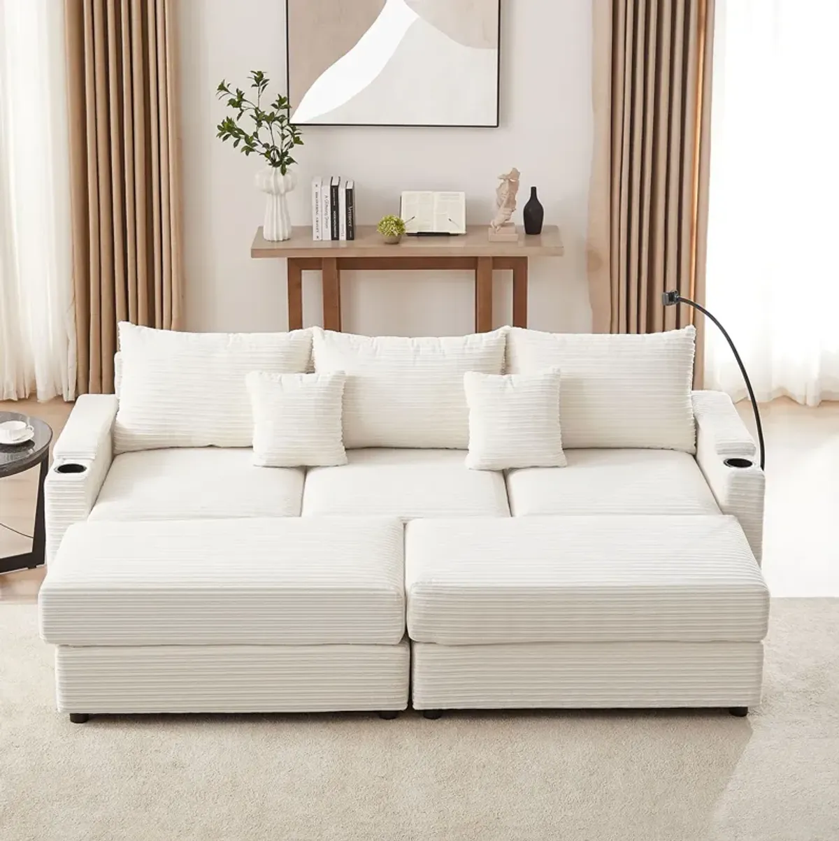 Modern Style Loveseat Sofa Sectional Sofa Couch With Storage Space, A Movable Ottoman, Two USB Ports, Two Cup Holders, A Phone Holder For Living Room