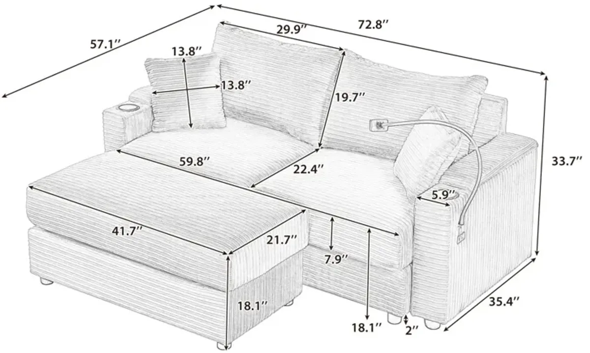 Modern Style Loveseat Sofa Sectional Sofa Couch With Storage Space, A Movable Ottoman, Two USB Ports, Two Cup Holders, A Phone Holder For Living Room