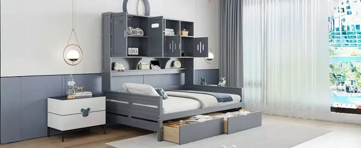 Wooden Daybed With 2 Drawers, And All-In-One Cabinet And Shelf