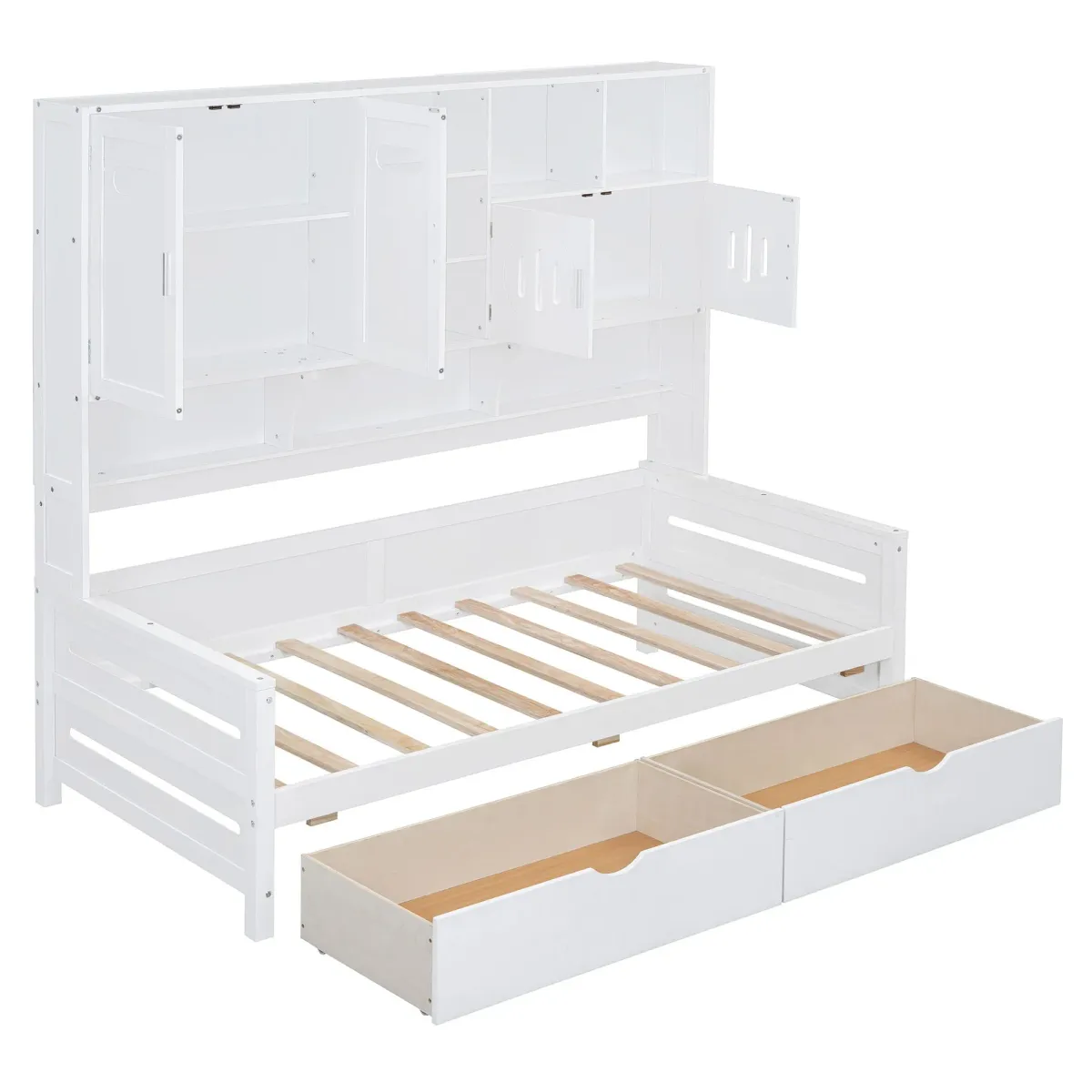 Wooden Daybed With 2 Drawers, And All-In-One Cabinet And Shelf