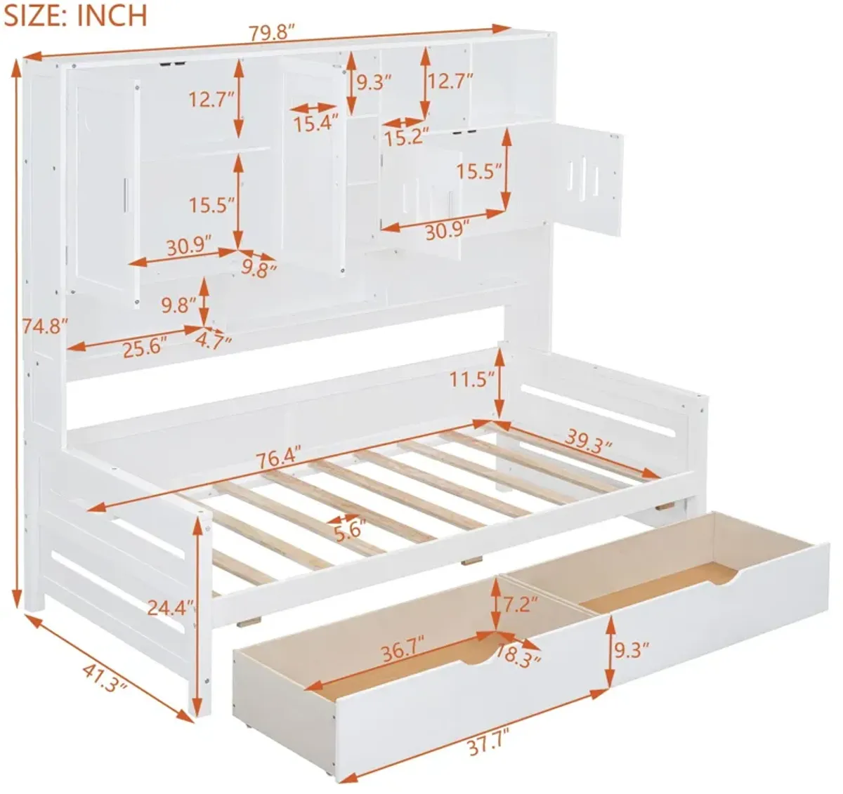 Wooden Daybed With 2 Drawers, And All-In-One Cabinet And Shelf