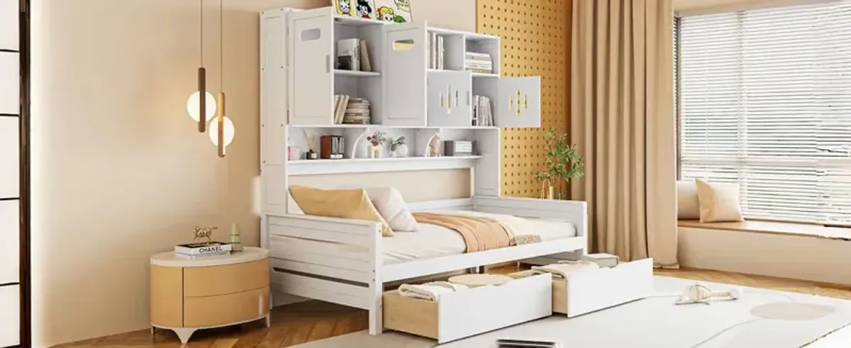 Wooden Daybed With 2 Drawers, And All-In-One Cabinet And Shelf