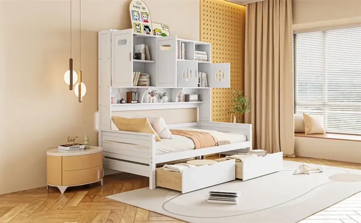 Wooden Daybed With 2 Drawers, And All-In-One Cabinet And Shelf