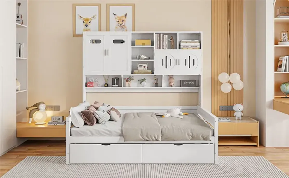 Wooden Daybed With 2 Drawers, And All-In-One Cabinet And Shelf