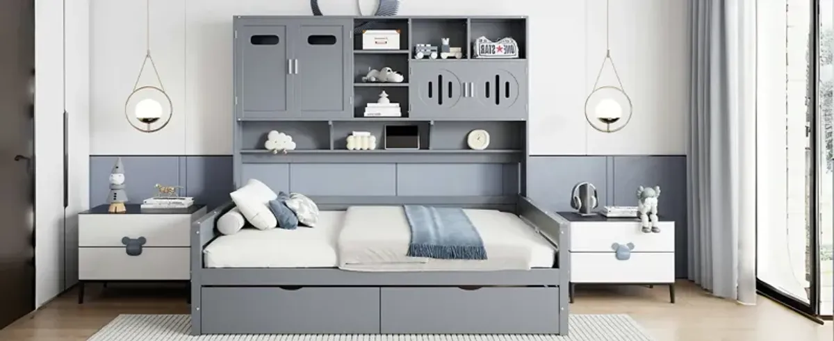 Wooden Daybed With 2 Drawers, And All-In-One Cabinet And Shelf