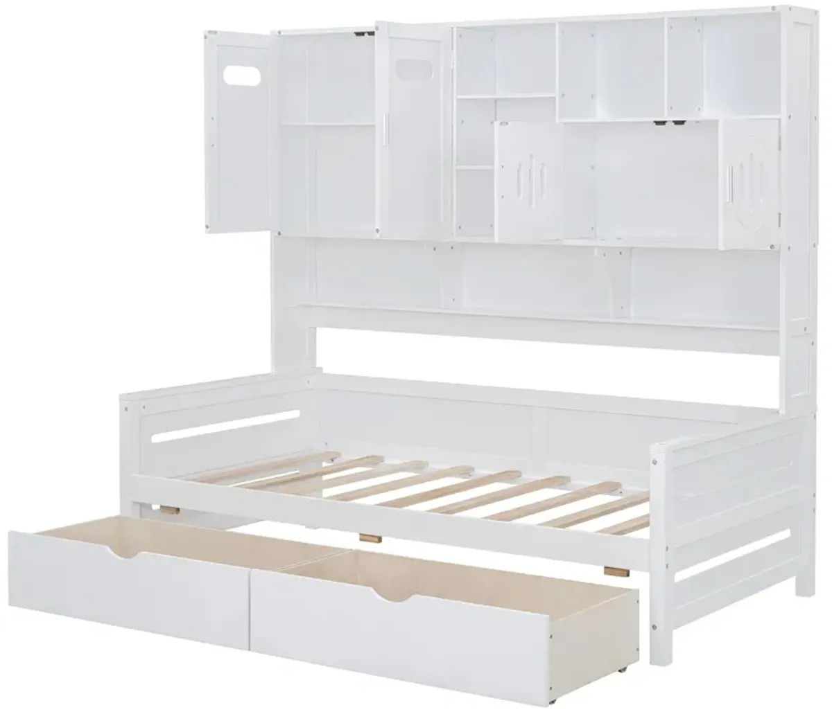 Wooden Daybed With 2 Drawers, And All-In-One Cabinet And Shelf