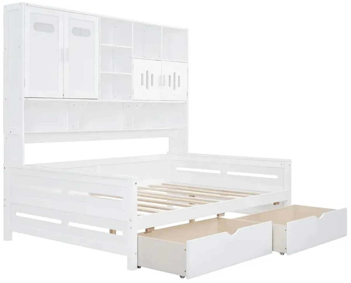 Wooden Daybed With 2 Drawers, And All-In-One Cabinet And Shelf