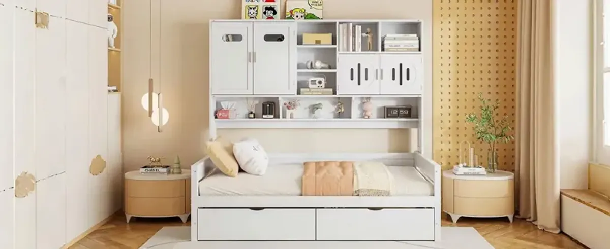 Wooden Daybed With 2 Drawers, And All-In-One Cabinet And Shelf