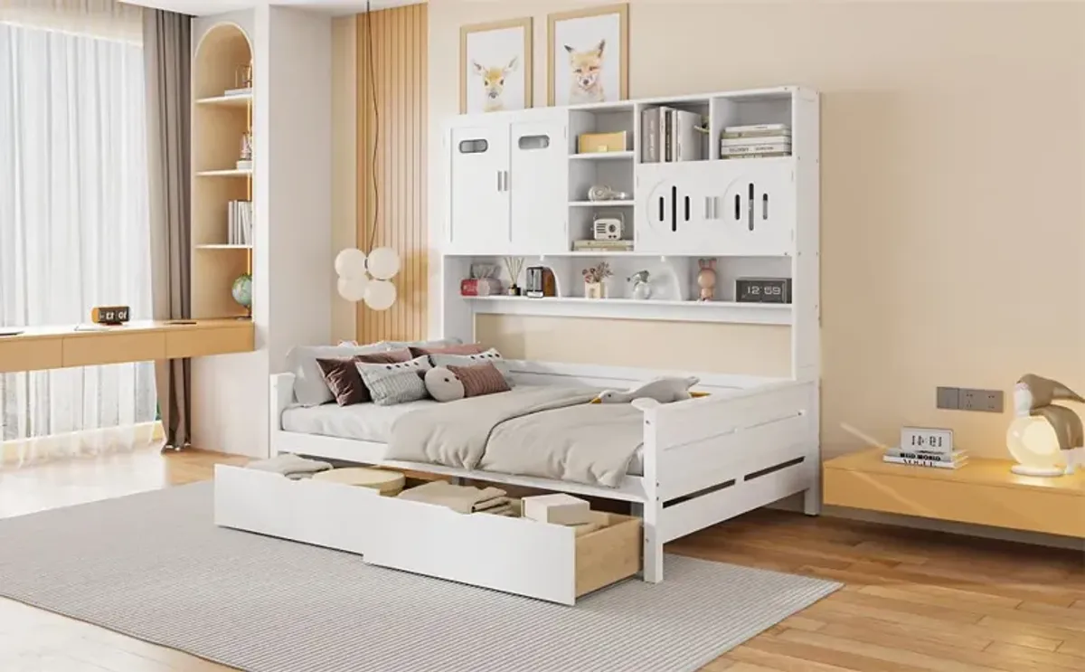 Wooden Daybed With 2 Drawers, And All-In-One Cabinet And Shelf