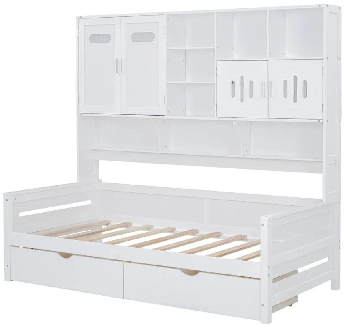 Wooden Daybed With 2 Drawers, And All-In-One Cabinet And Shelf