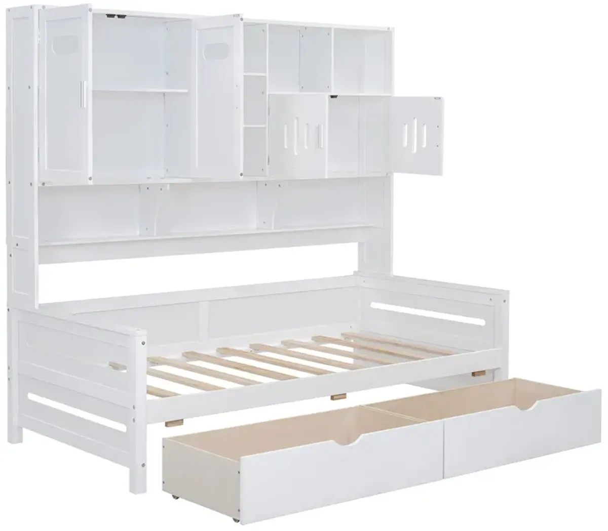 Wooden Daybed With 2 Drawers, And All-In-One Cabinet And Shelf