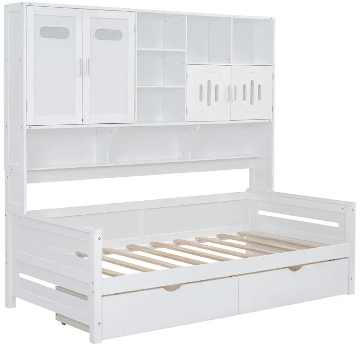 Wooden Daybed With 2 Drawers, And All-In-One Cabinet And Shelf