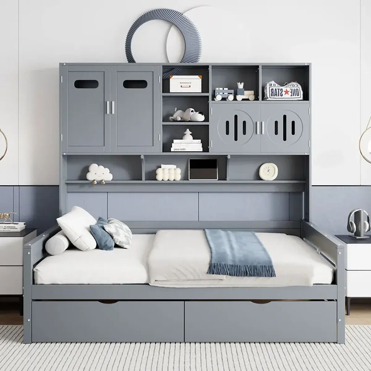 Wooden Daybed With 2 Drawers, And All-In-One Cabinet And Shelf