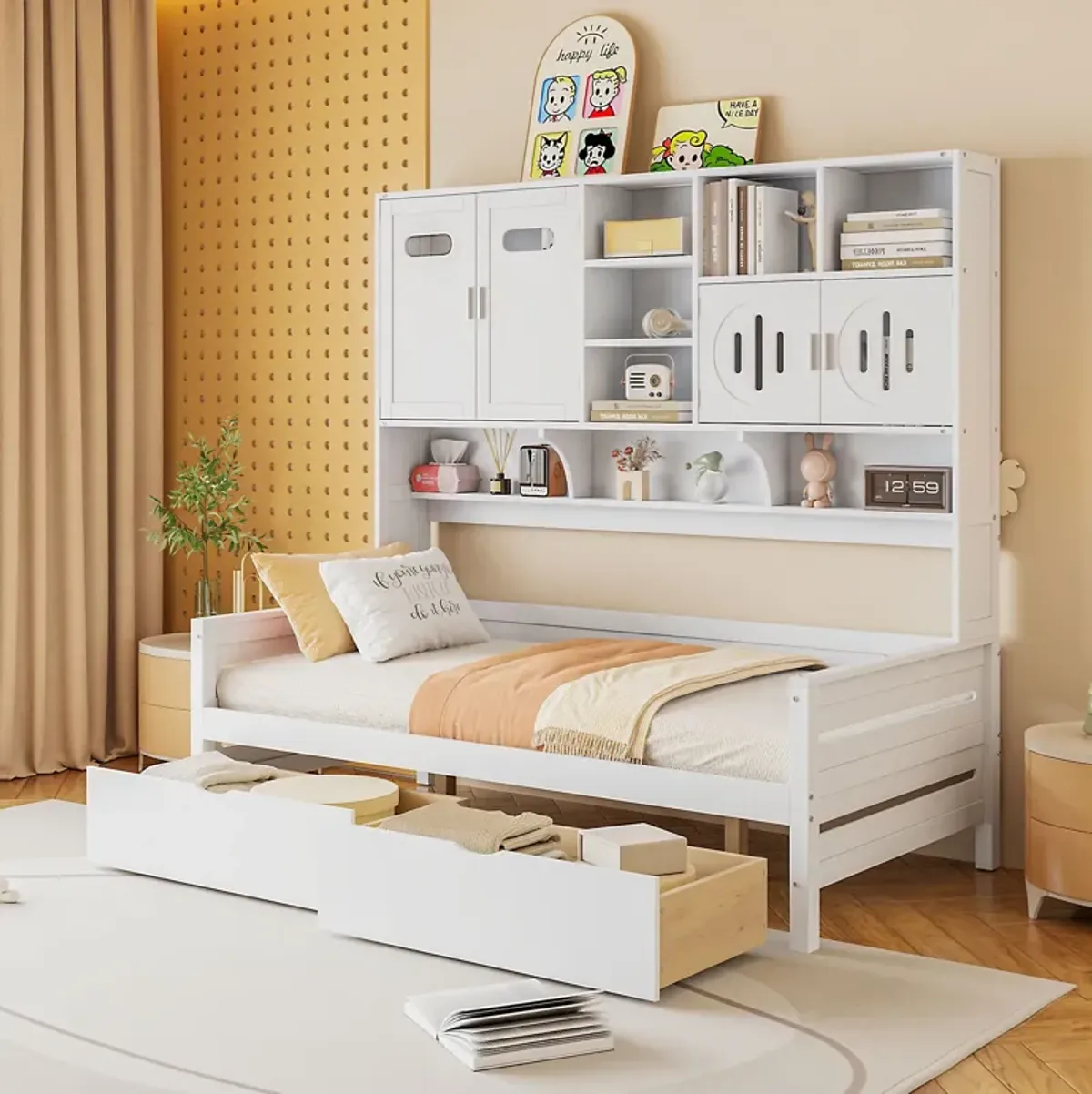 Wooden Daybed With 2 Drawers, And All-In-One Cabinet And Shelf