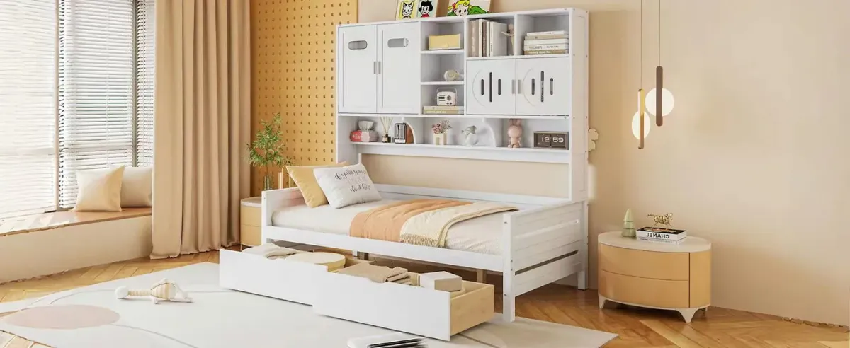 Wooden Daybed With 2 Drawers, And All-In-One Cabinet And Shelf