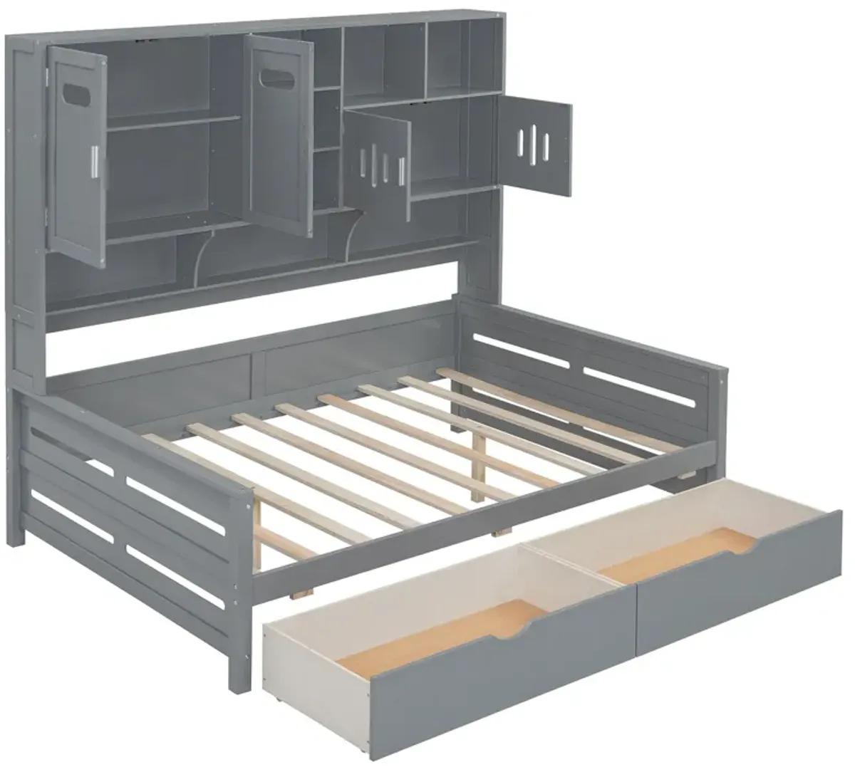 Wooden Daybed With 2 Drawers, And All-In-One Cabinet And Shelf