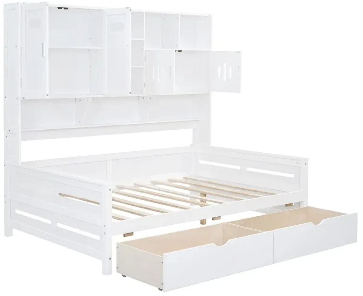 Wooden Daybed With 2 Drawers, And All-In-One Cabinet And Shelf