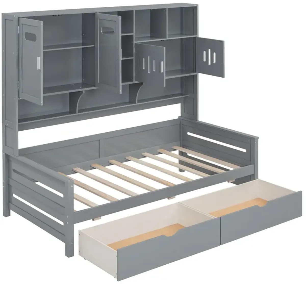 Wooden Daybed With 2 Drawers, And All-In-One Cabinet And Shelf