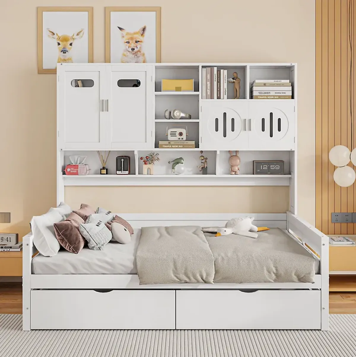 Wooden Daybed With 2 Drawers, And All-In-One Cabinet And Shelf