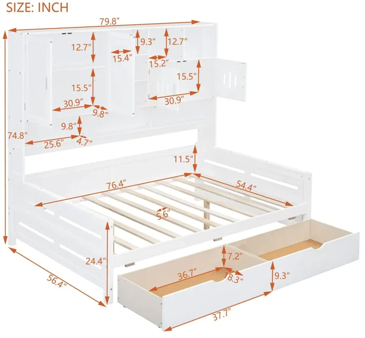 Wooden Daybed With 2 Drawers, And All-In-One Cabinet And Shelf