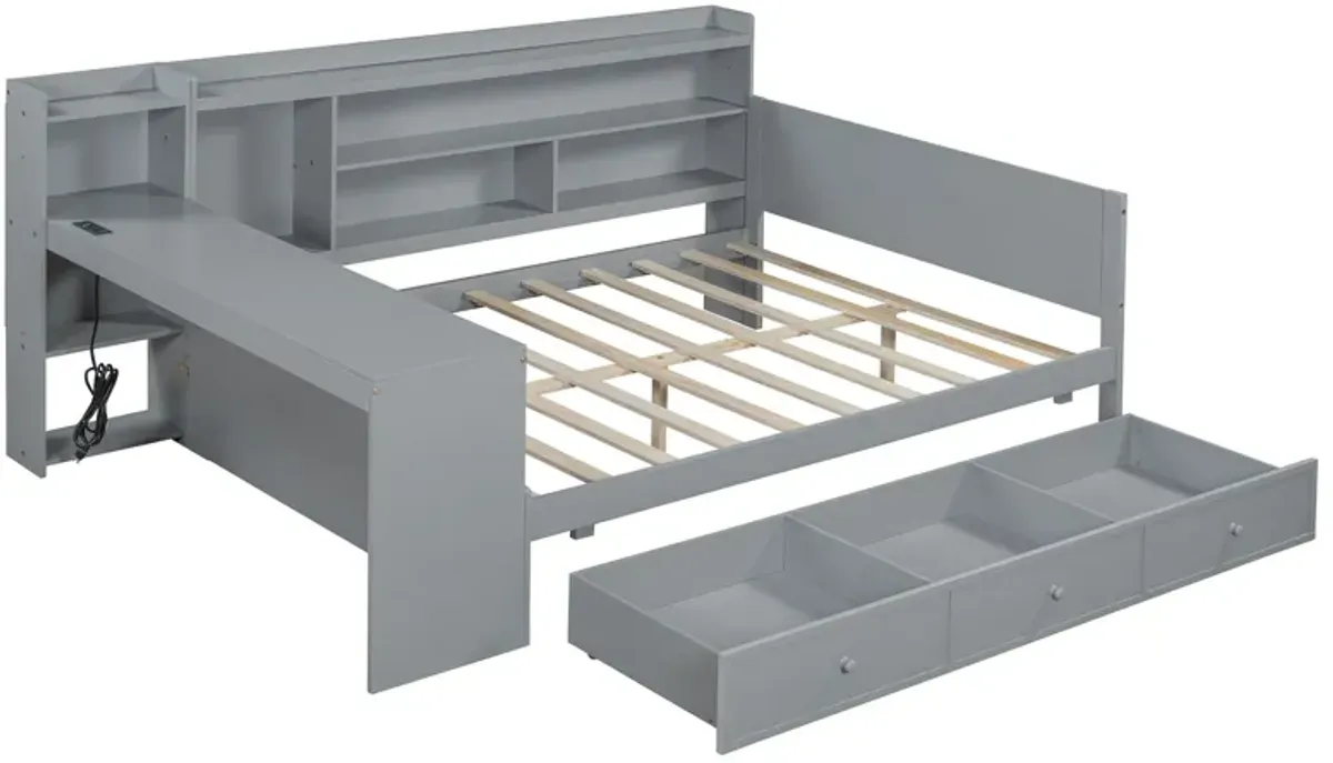 Wooden Daybed With 3 Drawers, USB Ports And Desk