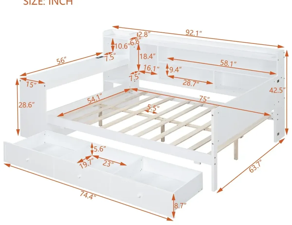 Wooden Daybed With 3 Drawers, USB Ports And Desk