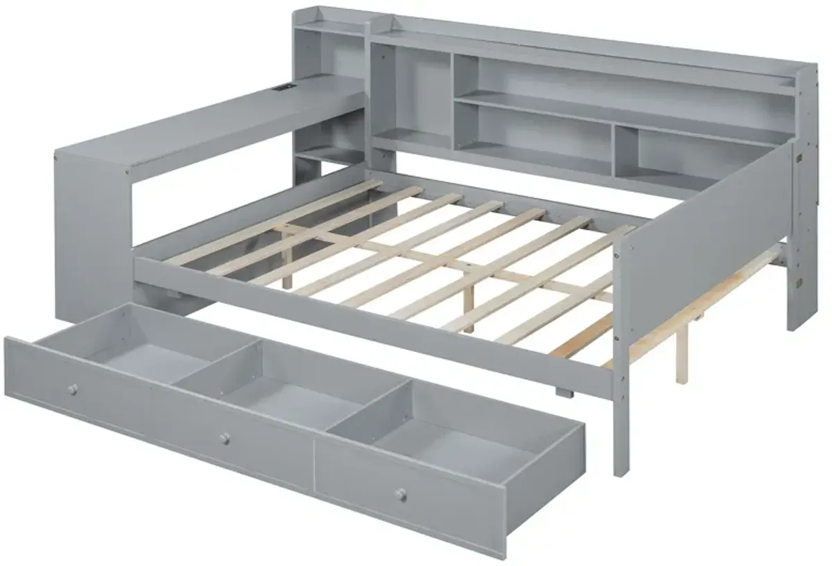 Wooden Daybed With 3 Drawers, USB Ports And Desk