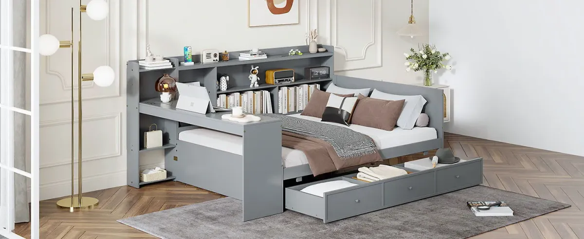 Wooden Daybed With 3 Drawers, USB Ports And Desk