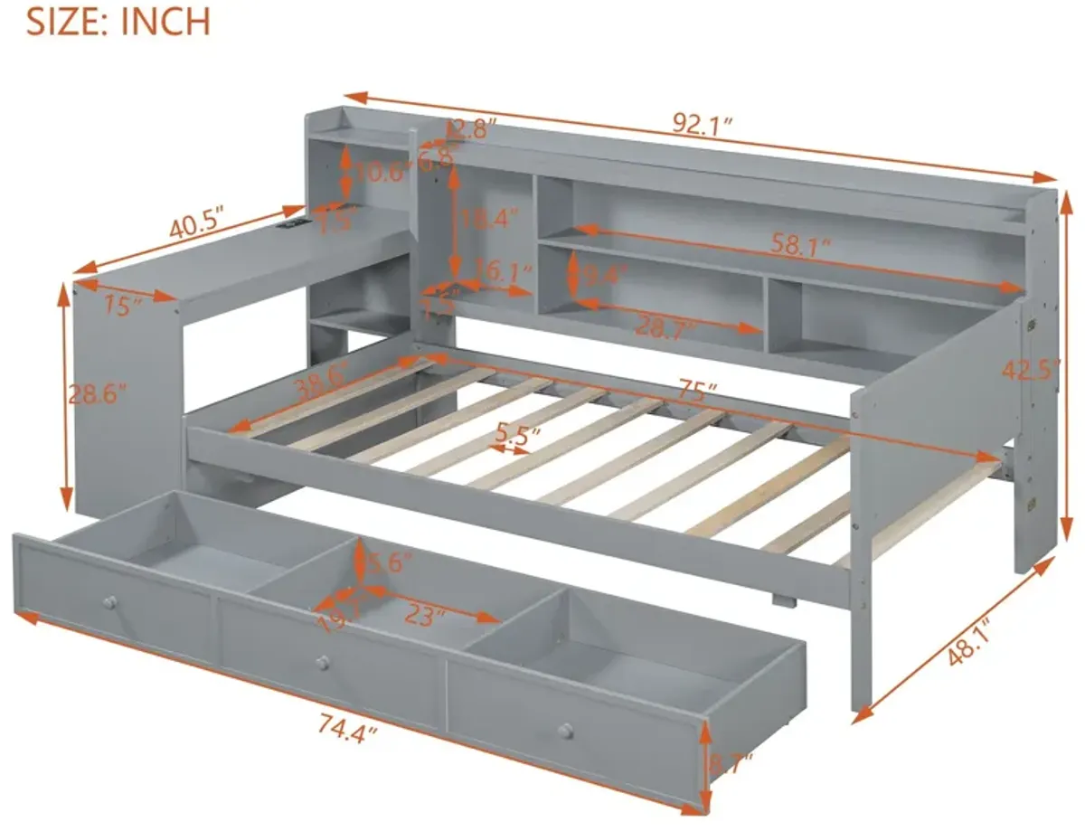 Wooden Daybed With 3 Drawers, USB Ports And Desk
