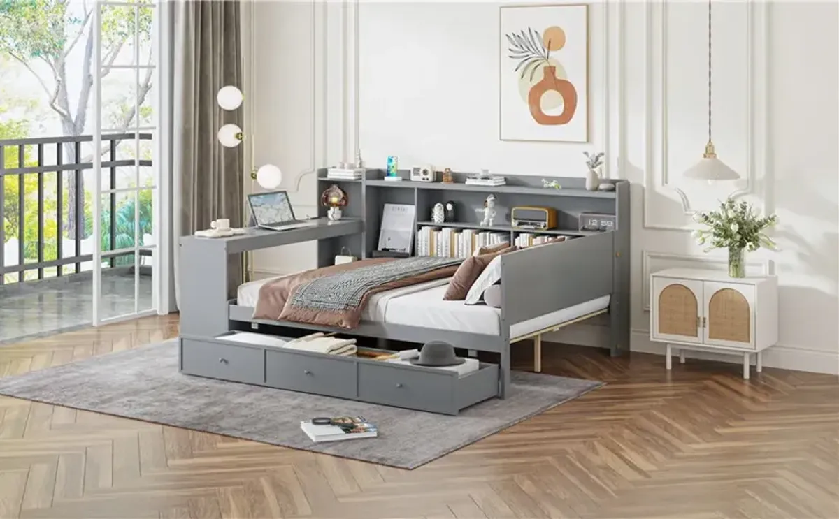 Wooden Daybed With 3 Drawers, USB Ports And Desk