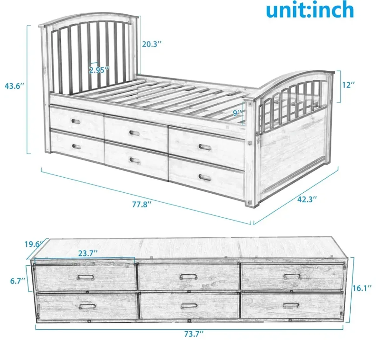 Platform Storage Bed Solid Wood Bed With 6 Drawers