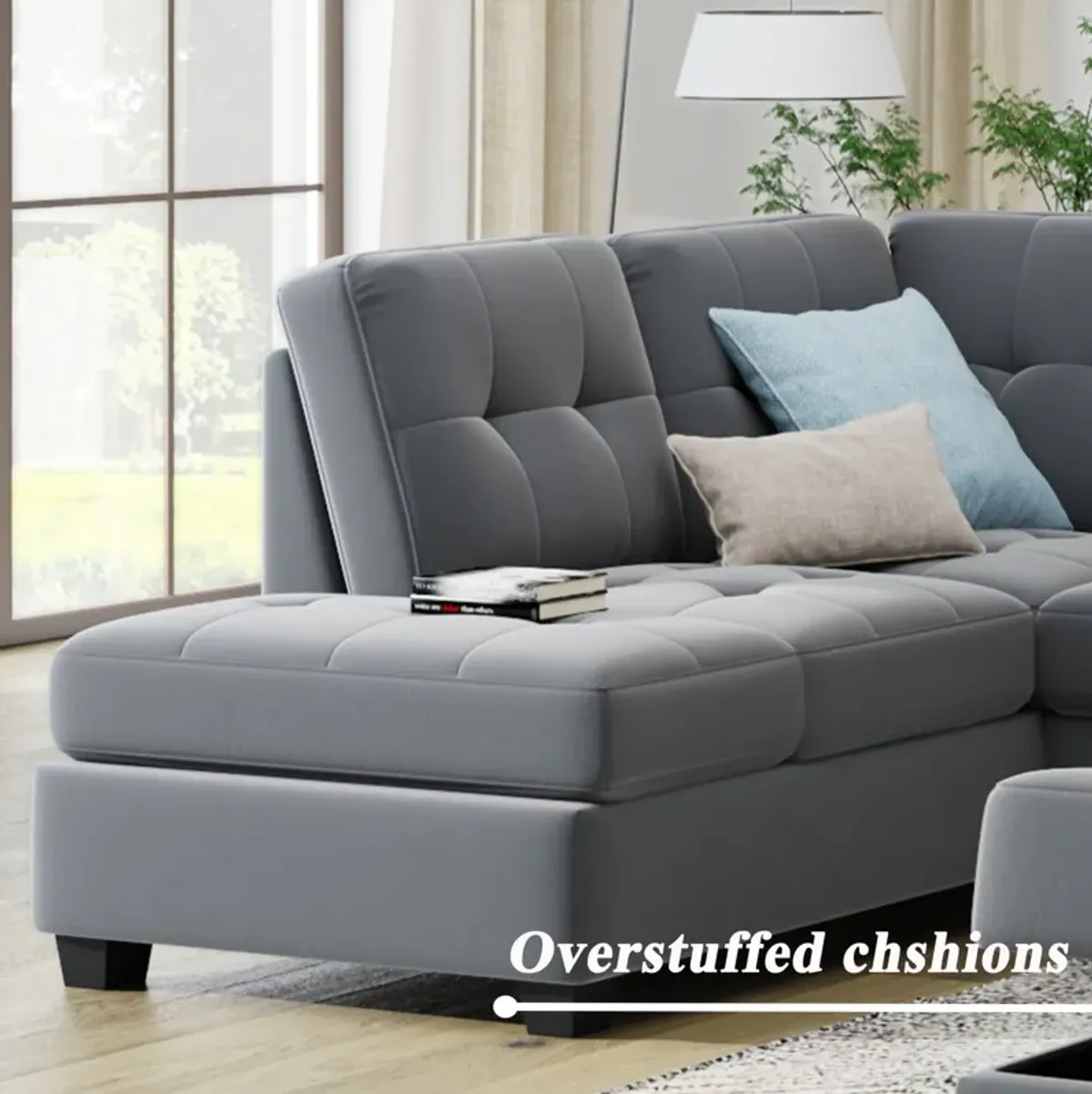 Sectional Sofa With Reversible Chaise Lounge, L-Shaped Couch With Storage Ottoman And Cup Holders