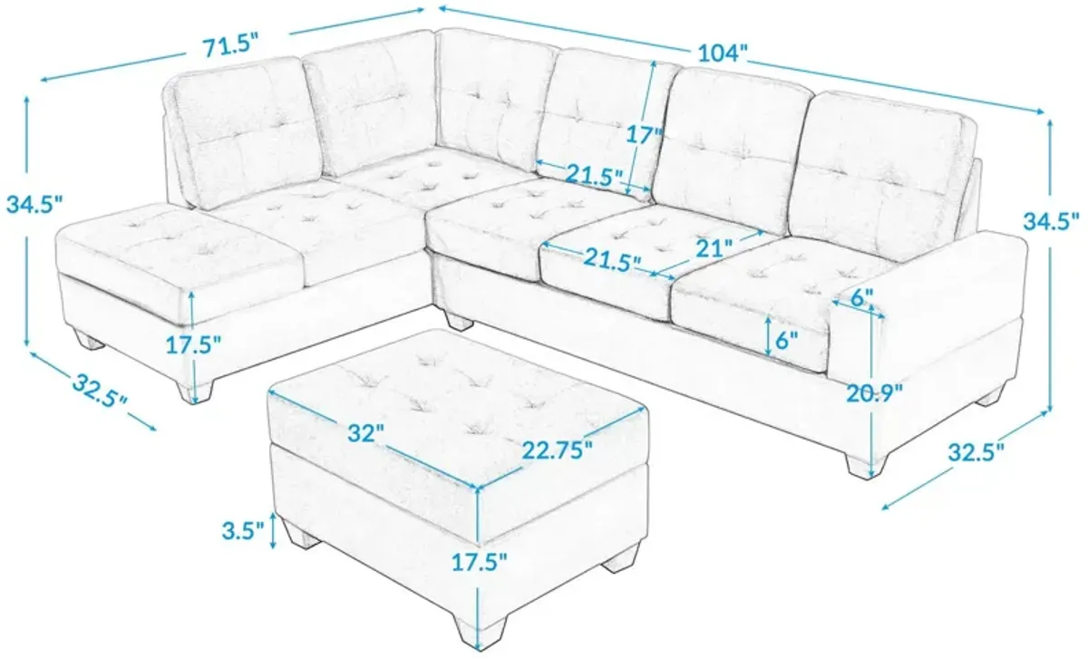 Sectional Sofa With Reversible Chaise Lounge, L-Shaped Couch With Storage Ottoman And Cup Holders