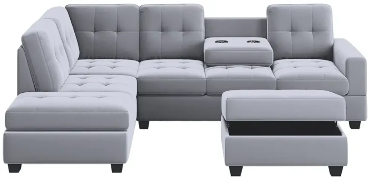 Sectional Sofa With Reversible Chaise Lounge, L-Shaped Couch With Storage Ottoman And Cup Holders