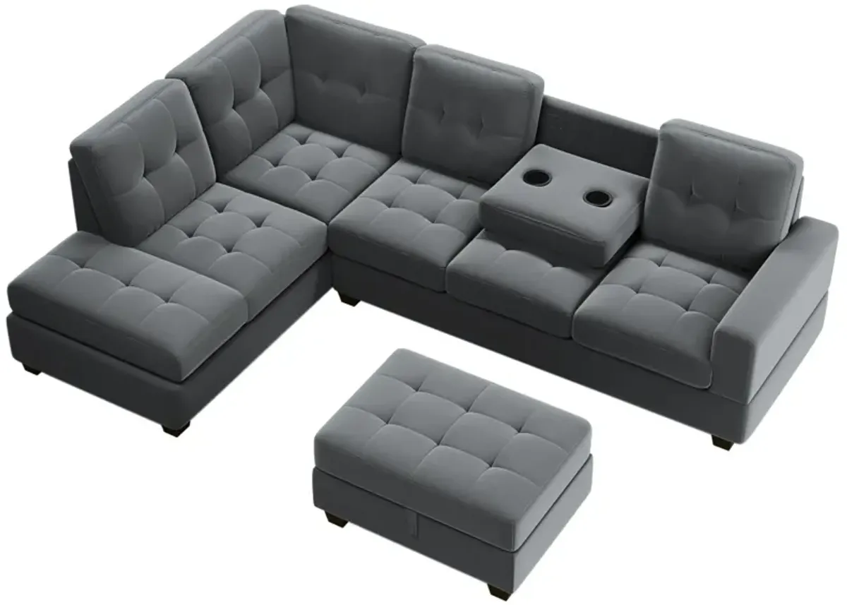 Sectional Sofa With Reversible Chaise Lounge, L-Shaped Couch With Storage Ottoman And Cup Holders