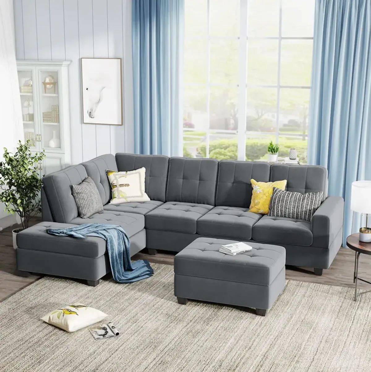 Sectional Sofa With Reversible Chaise Lounge, L-Shaped Couch With Storage Ottoman And Cup Holders