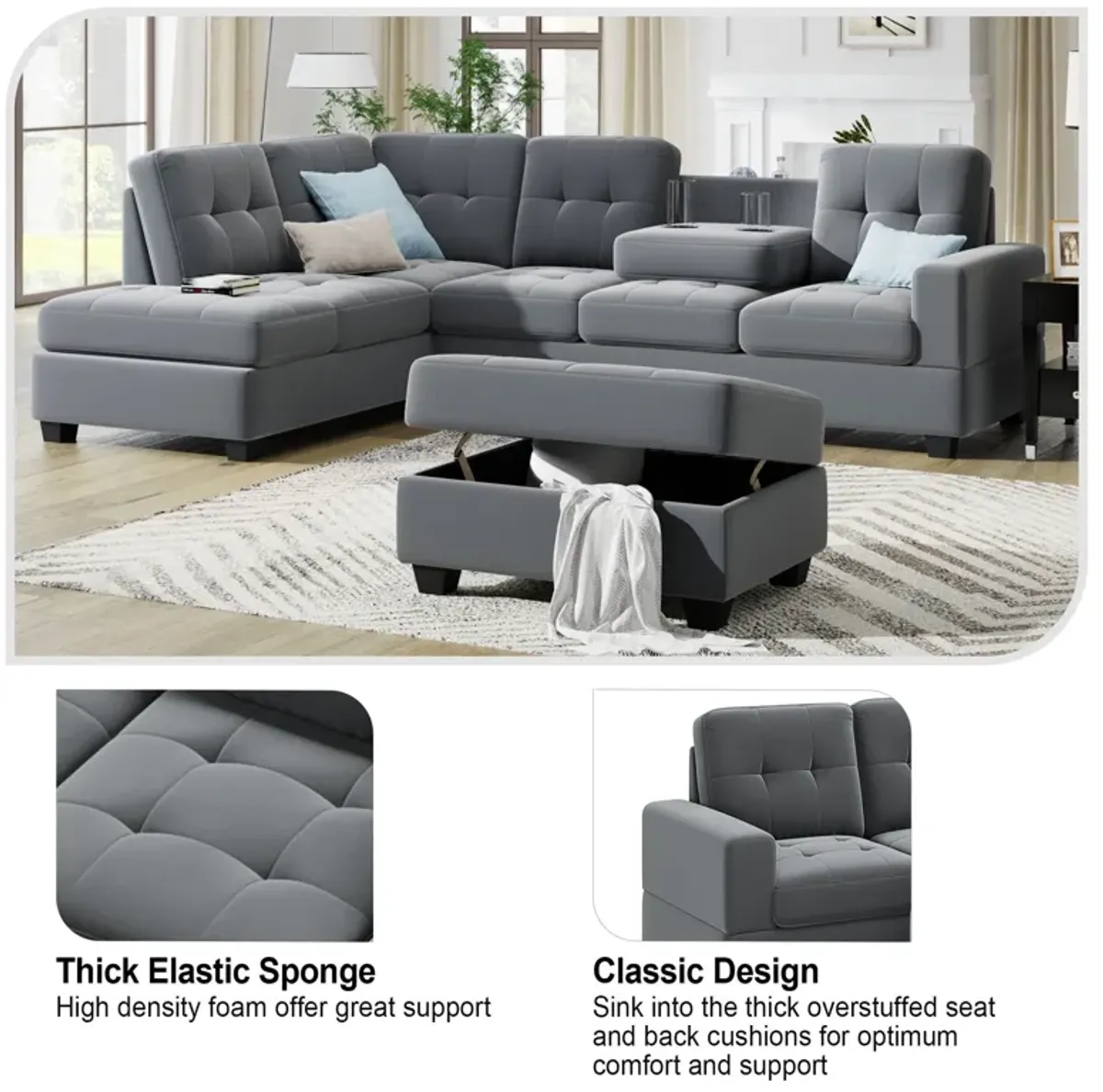 Sectional Sofa With Reversible Chaise Lounge, L-Shaped Couch With Storage Ottoman And Cup Holders