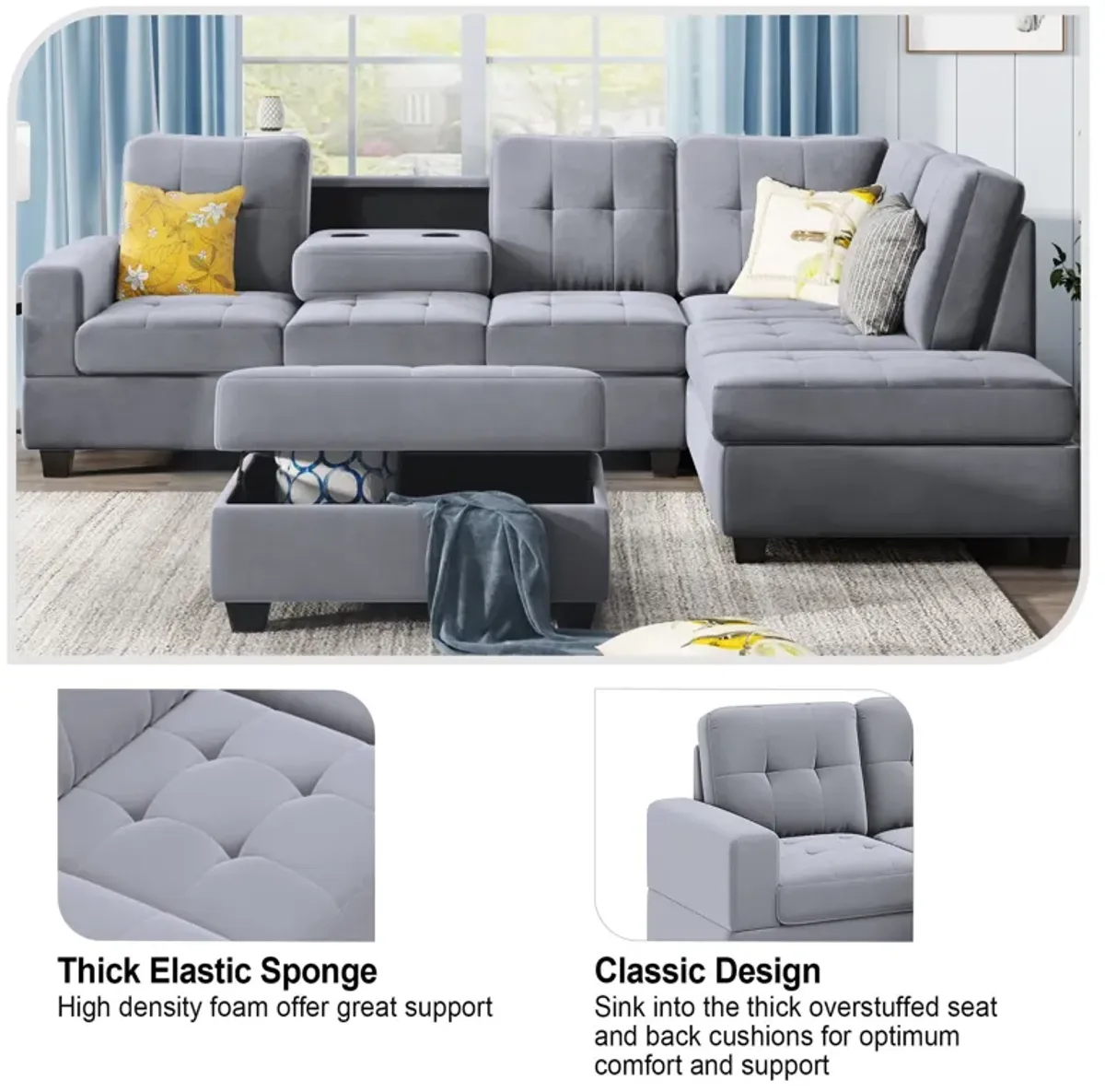 Sectional Sofa With Reversible Chaise Lounge, L-Shaped Couch With Storage Ottoman And Cup Holders