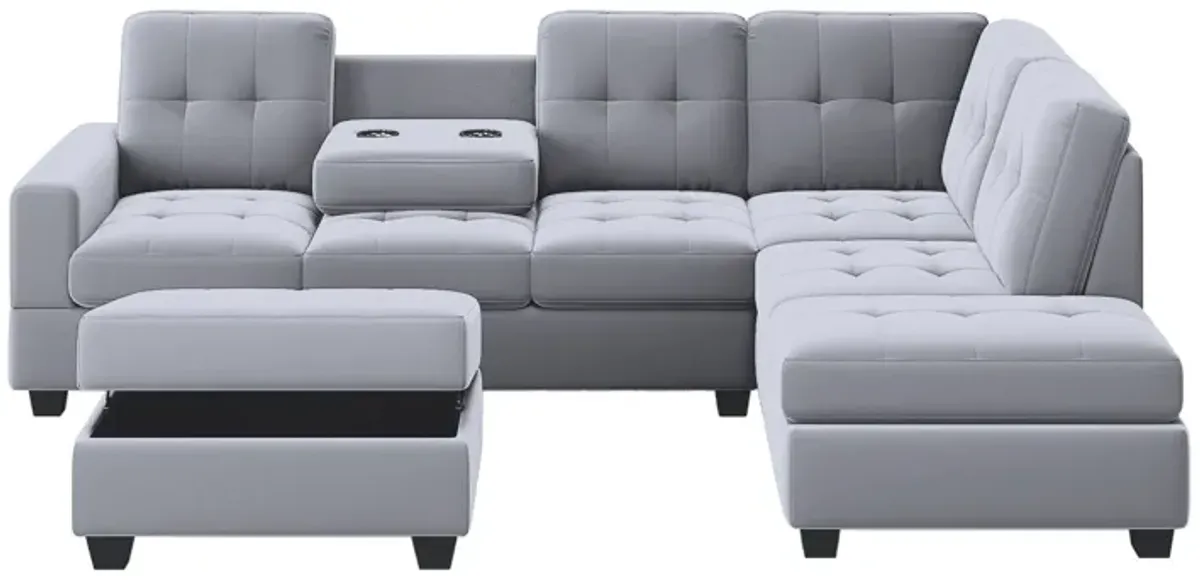 Sectional Sofa With Reversible Chaise Lounge, L-Shaped Couch With Storage Ottoman And Cup Holders