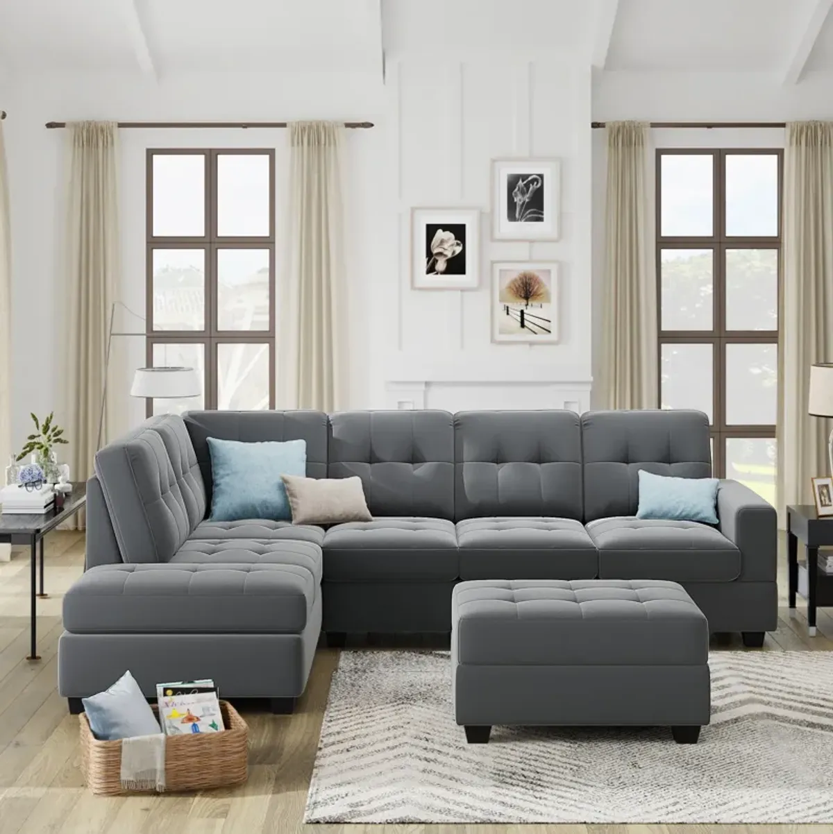 Sectional Sofa With Reversible Chaise Lounge, L-Shaped Couch With Storage Ottoman And Cup Holders