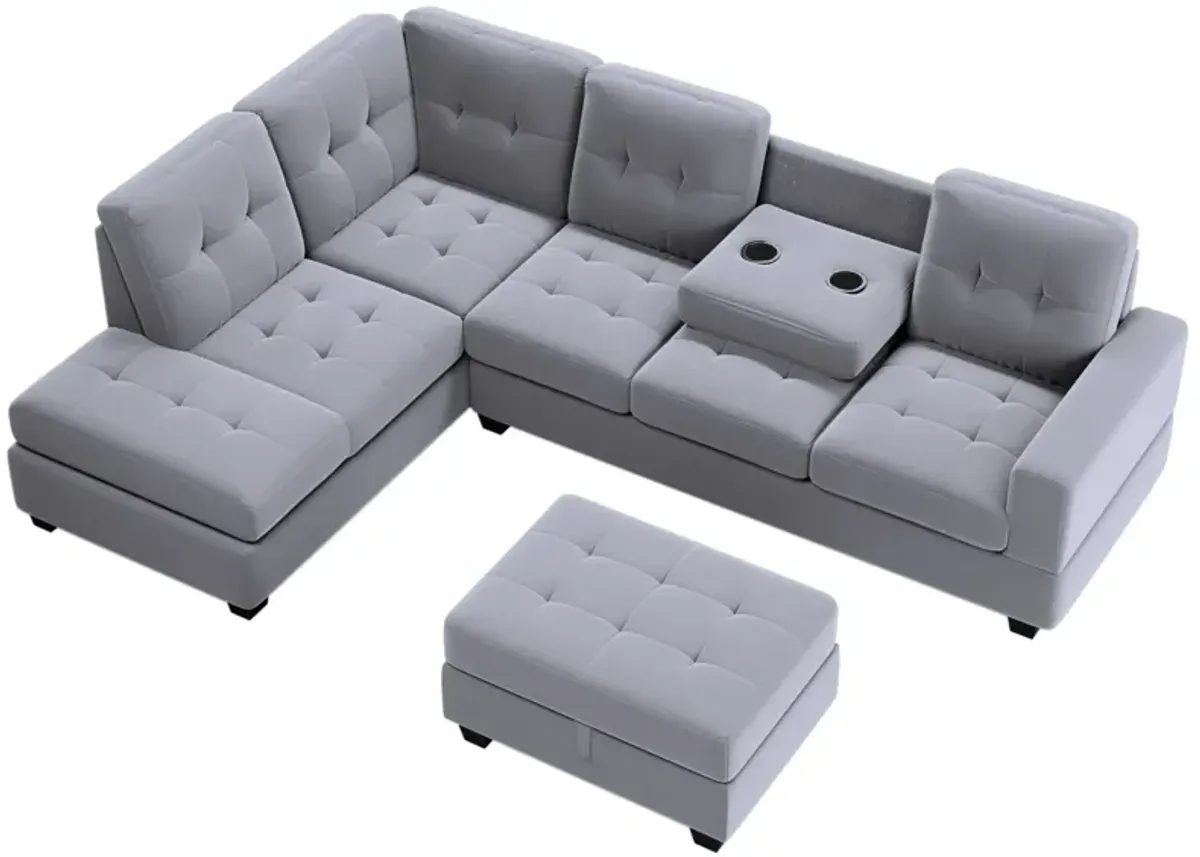 Sectional Sofa With Reversible Chaise Lounge, L-Shaped Couch With Storage Ottoman And Cup Holders