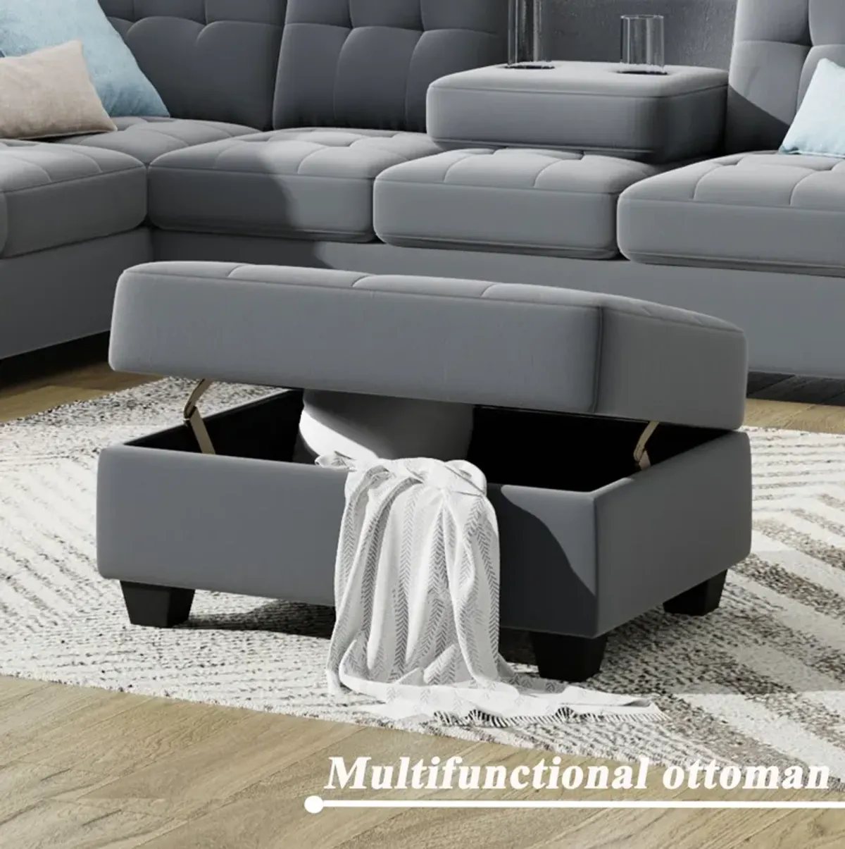 Sectional Sofa With Reversible Chaise Lounge, L-Shaped Couch With Storage Ottoman And Cup Holders