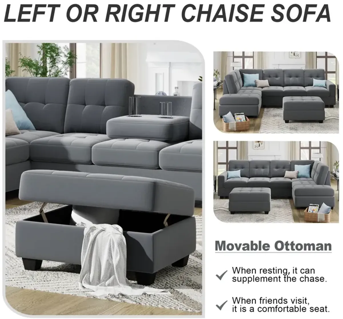 Sectional Sofa With Reversible Chaise Lounge, L-Shaped Couch With Storage Ottoman And Cup Holders