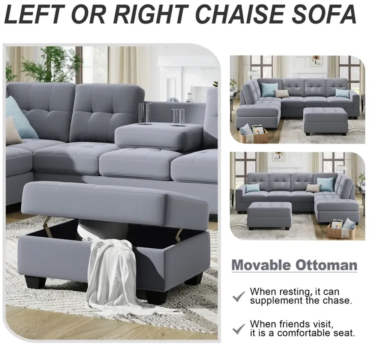 Sectional Sofa With Reversible Chaise Lounge, L-Shaped Couch With Storage Ottoman And Cup Holders