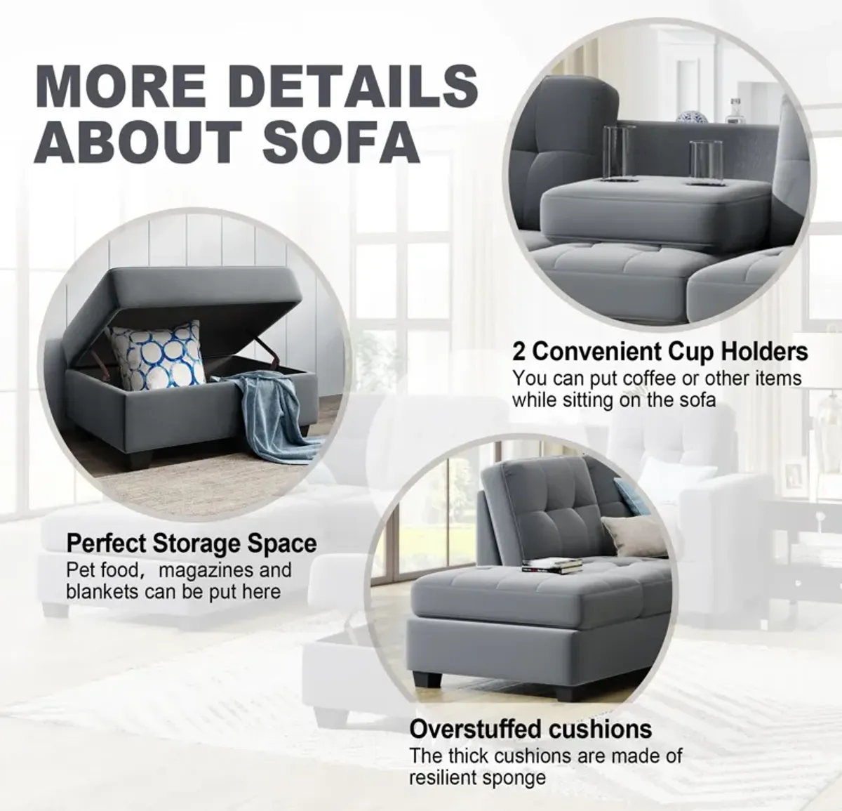 Sectional Sofa With Reversible Chaise Lounge, L-Shaped Couch With Storage Ottoman And Cup Holders