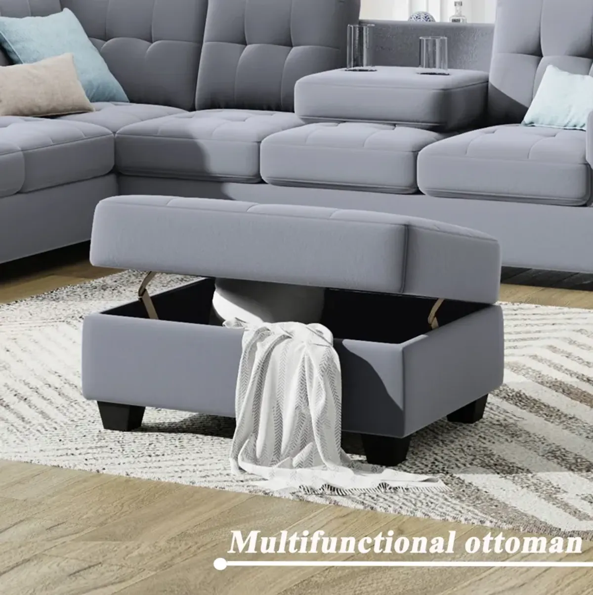 Sectional Sofa With Reversible Chaise Lounge, L-Shaped Couch With Storage Ottoman And Cup Holders