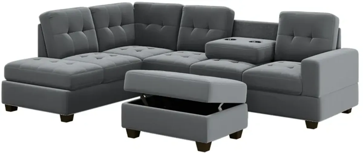 Sectional Sofa With Reversible Chaise Lounge, L-Shaped Couch With Storage Ottoman And Cup Holders